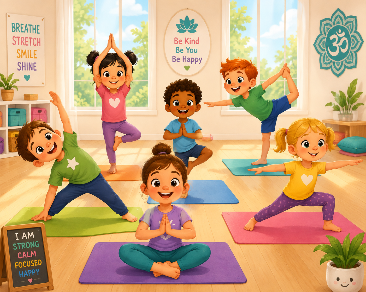 Children in a bright yoga studio